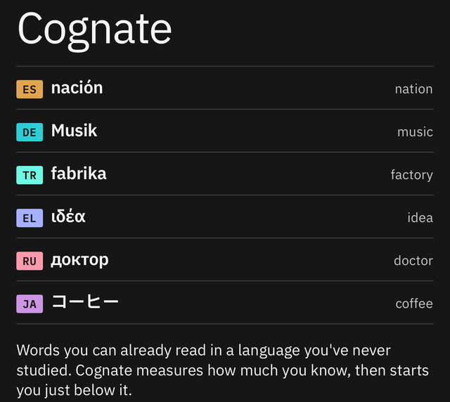 The opening screen: six word pairs across six writing systems, each a Spanish, German, Turkish, Greek, Russian or Japanese word beside its English relative.