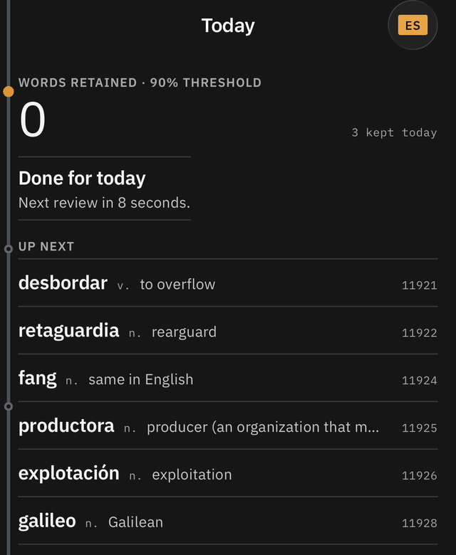 Today screen on day one: the words-retained count reads zero, three kept today, done for today, and the words up next with their frequency ranks.
